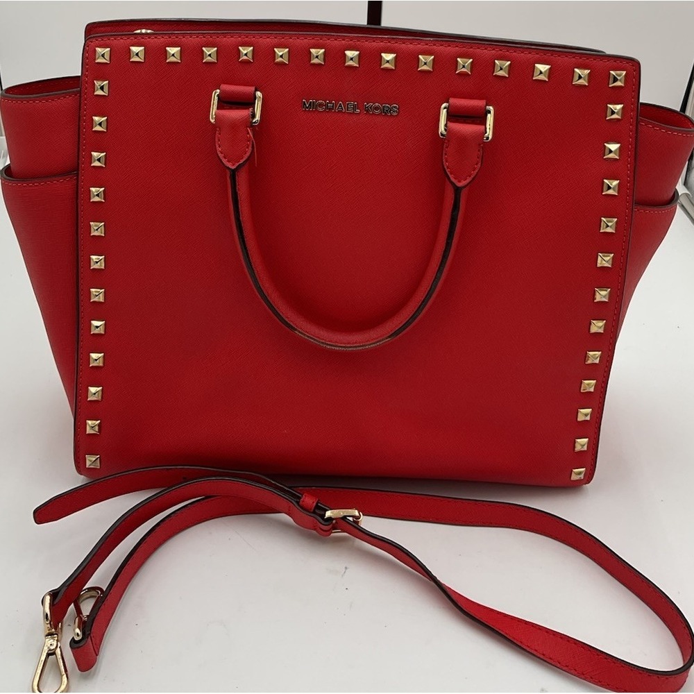 Michael Kors Studded Red Large Selma Studded Saffiano Tote